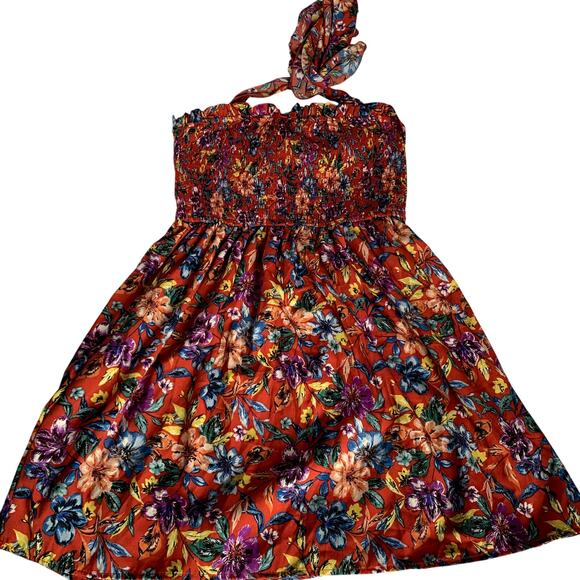 Boho Floral Colorful Red Summer Smocked Halter Tie Neck Stretchy Mini Dress - Picture 1 of 10